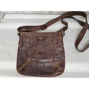 Fossil Crossbody SHB1077 Dark Brown Leather Croc Embossed Medium Size